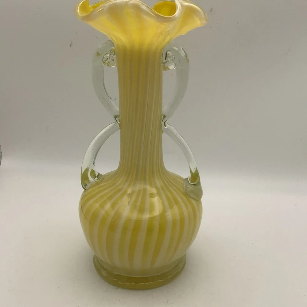 Vintage Murano Style Handblown Yellow and Clear Swirl Glass Vase